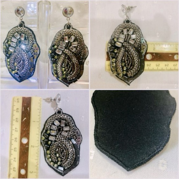 Unique Silver Beaded Sequin Rhinestone Large Post Earrings Black Suede Backing - Picture 4 of 11